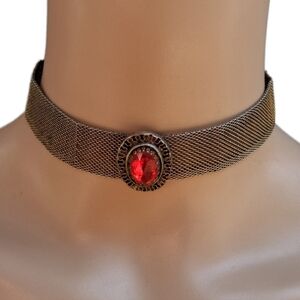 ​Vintage 1930s Art Deco Mesh Choker Necklace with Ruby Red Glass Stone
